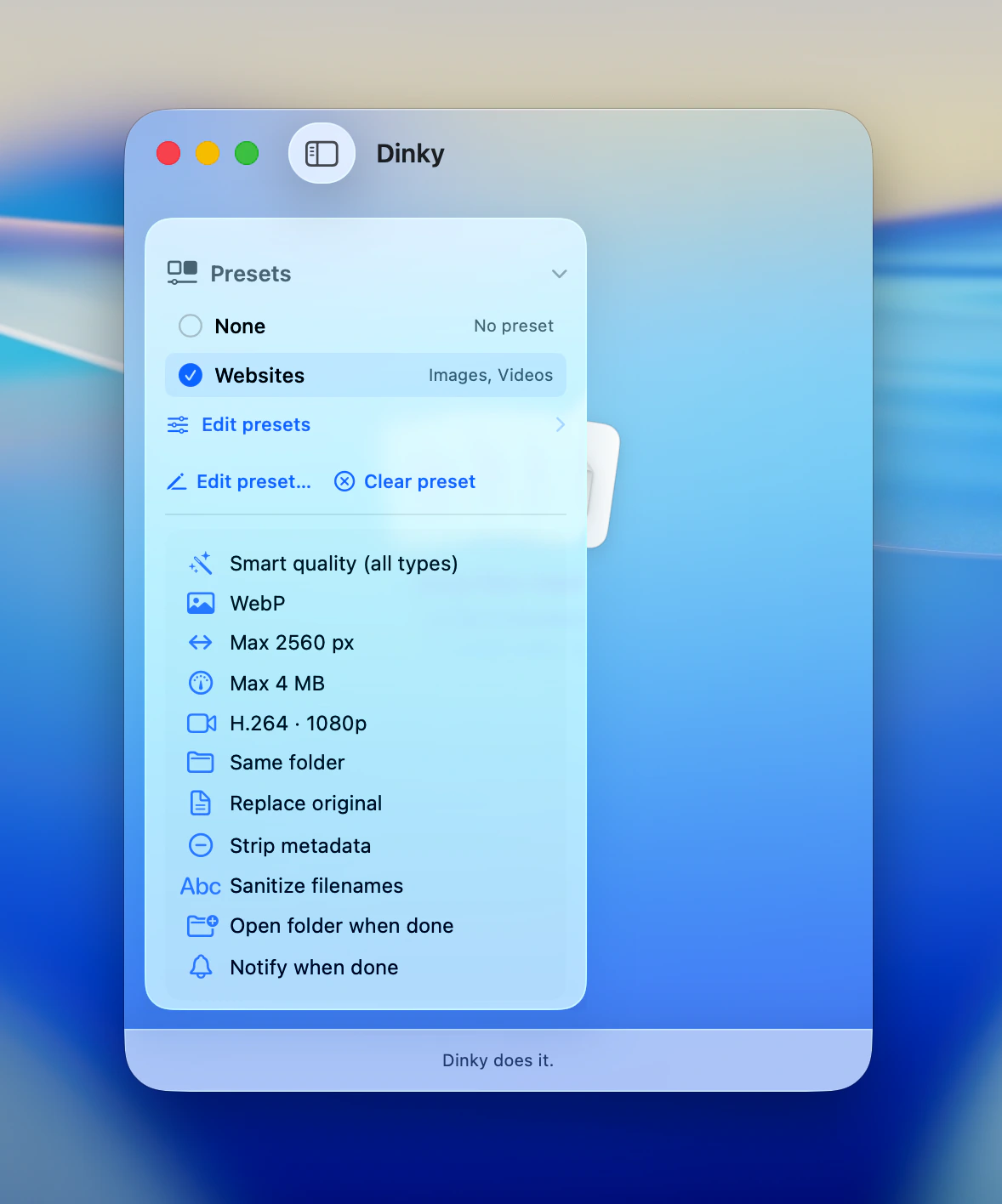 Dinky Websites preset selected with settings summary