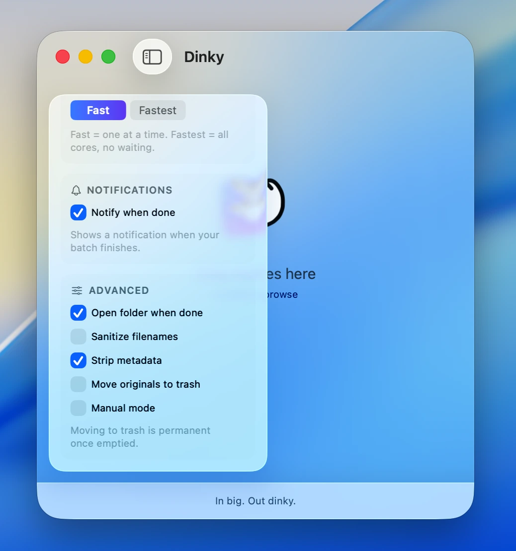 Dinky sidebar — performance, notifications, advanced