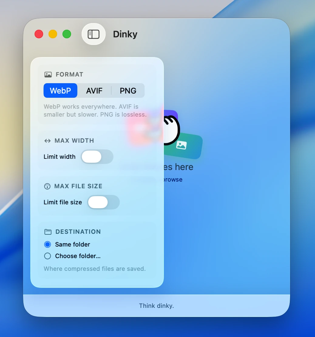 Dinky sidebar — format, max width, max file size, destination