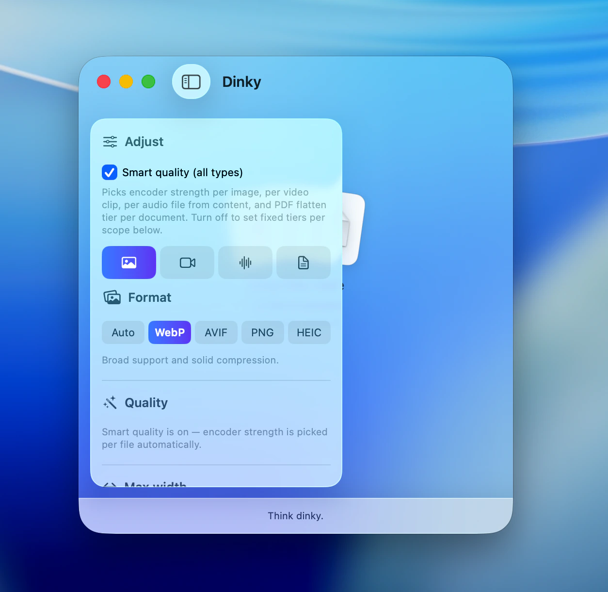Dinky sidebar with presets, type tabs, and format picker